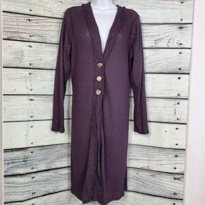 C Brand Longline Duster Cardigan L Plum Purple Ribbed Knit Button Front